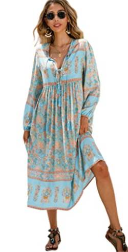 R.Vivimos Damen Beiläufig Bohemien Drucken Krawatte Langarm Strand Stil Lang Midi Urlaub Kleid(Small,Himmelblau#1) von R.Vivimos