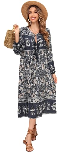 R.Vivimos Damen Beiläufig Bohemien Drucken Krawatte Langarm Strand Stil Lang Midi Urlaub Kleid(Small,RauchSchwarz) von R.Vivimos