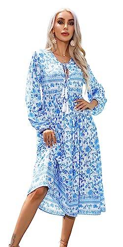 R.Vivimos Damen Beiläufig Bohemien Drucken Krawatte Langarm Strand Stil Lang Midi Urlaub Kleid(XL,Azurblau) von R.Vivimos