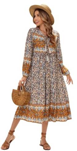 R.Vivimos Damen Beiläufig Bohemien Drucken Krawatte Langarm Strand Stil Lang Midi Urlaub Kleid(XL,Cremegrau) von R.Vivimos