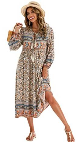 R.Vivimos Damen Beiläufig Bohemien Drucken Krawatte Langarm Strand Stil Lang Midi Urlaub Kleid(XXLarge,Beige#1) von R.Vivimos