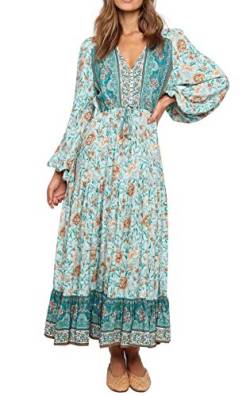 R.Vivimos Damen Boho Langarm V-Ausschnitt Blumen Maxikleid Button Up Loose Vintage Langes Kleid(Grün, S) von R.Vivimos