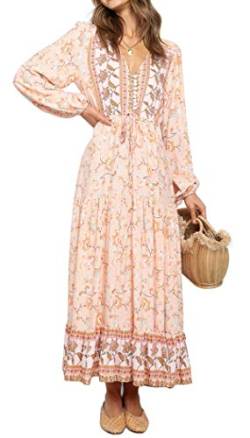 R.Vivimos Damen Boho Langarm V-Ausschnitt Blumen Maxikleid Button Up Loose Vintage Langes Kleid(Pfirsich, S) von R.Vivimos