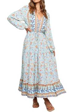 R.Vivimos Damen Boho Langarm V-Ausschnitt Blumen Maxikleid Button Up Loose Vintage Langes Kleid (Blau, M) von R.Vivimos