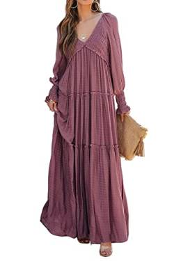 R.Vivimos Damen Boho V Ausschnitt Smock Strand Lang Kleid Langarm Rüschen A Linie Urlaub Maxi Kleid(Large,Dunkelrose) von R.Vivimos