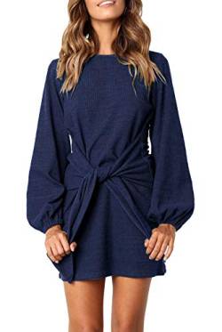 R.Vivimos Damen Herbst Winter Langarm Pullover Kurzes Kleid Baumwolle Gestrickte Krawatte Taille Bleistift Mini Kleid mit Gürtel(Medium,Navyblau) von R.Vivimos