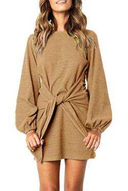 R.Vivimos Damen Herbst Winter Langarm Pullover Kurzes Kleid Baumwolle Gestrickte Krawatte Taille Bleistift Mini Kleid mit Gürtel(Small,Khaki) von R.Vivimos