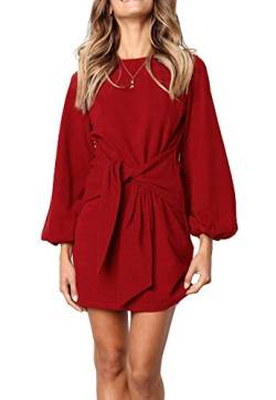 R.Vivimos Damen Herbst Winter Langarm Pullover Kurzes Kleid Baumwolle Gestrickte Krawatte Taille Bleistift Mini Kleid mit Gürtel(Small,Rot) von R.Vivimos