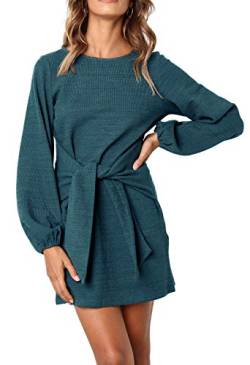 R.Vivimos Damen Herbst Winter Langarm Pullover Kurzes Kleid Baumwolle Gestrickte Krawatte Taille Bleistift Mini Kleid mit Gürtel(Small,Teal) von R.Vivimos