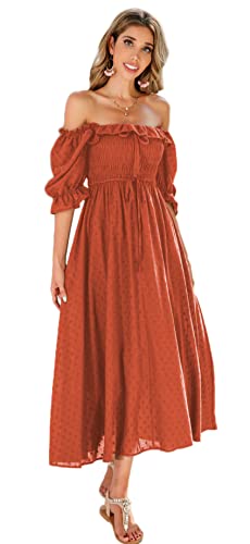 R.Vivimos Damen Polka Dot Slim Half Sleeve Puff Flare Sleeve Square Neck Tie Langes Midikleid(XLarge,Orange#2) von R.Vivimos