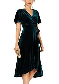 R.Vivimos Damen Samt weiches V-Ausschnitt Midi-Kleid Cocktailkleid Partykleid Taille Seil Stil(Medium,Dunkelgrün/W) von R.Vivimos