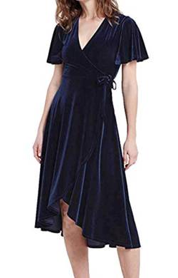 R.Vivimos Damen Samt weiches V-Ausschnitt Midi-Kleid Cocktailkleid Partykleid Taille Seil Stil (XXL, Dunkelblau/W) von R.Vivimos