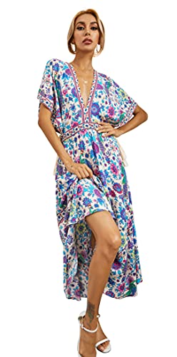 R.Vivimos Damen Sommer Boho Drucken Sexy Tiefem V-Ausschnitt Lang Kleid Rückenfrei Fledermaus Ärmel Blumen Midikleid (XLarge,Beige) von R.Vivimos