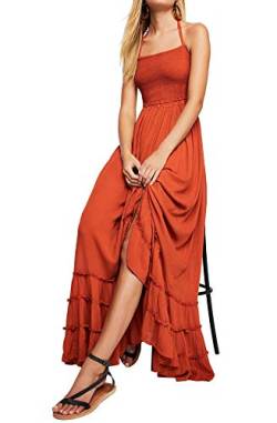 R.Vivimos Damen Sommer Boho Neckholder Langes Maxikleid Ärmelloses Rüschensaumkleid(Large,Orange) von R.Vivimos