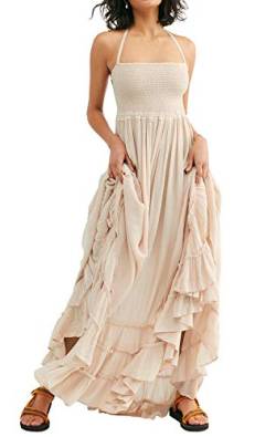 R.Vivimos Damen Sommer Boho Neckholder Langes Maxikleid Ärmelloses Rüschensaumkleid(Small,Beige) von R.Vivimos