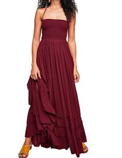 R.Vivimos Damen Sommer Boho Neckholder Langes Maxikleid Ärmelloses Rüschensaumkleid (Groß, Weinrot) von R.Vivimos