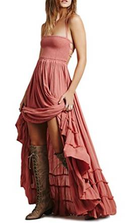 R.Vivimos Damen Sommer Boho Neckholder Langes Maxikleid Ärmelloses Rüschensaumkleid (Klein,Rosa) von R.Vivimos