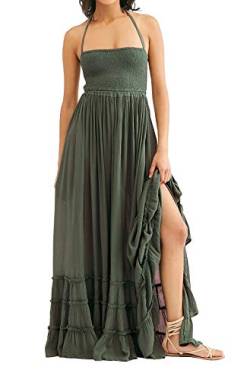 R.Vivimos Damen Sommer Boho Neckholder Langes Maxikleid Ärmelloses Rüschensaumkleid (Medium,Armeegrün) von R.Vivimos