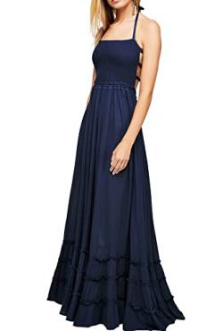 R.Vivimos Damen Sommer Boho Neckholder Langes Maxikleid Ärmelloses Rüschensaumkleid (Medium,Navyblau) von R.Vivimos