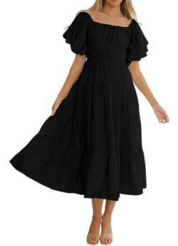 R.Vivimos Damen Sommer Boho Schulterfreies Puffärmel Midikleid Rückenfreies A Linien Rüschen Langes Strandkleid(Small,Schwarz) von R.Vivimos