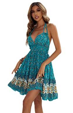 R.Vivimos Damen Sommer Boho Sexy V-Ausschnitt Ärmellos Neckholder Kleid Strandurlaub Kleid(Medium,Grün-Blumig) von R.Vivimos