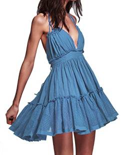 R.Vivimos Damen Sommer Boho Sexy V-Ausschnitt Ärmellos Neckholder Kleid Strandurlaub Kleid(Mittel, Blau) von R.Vivimos
