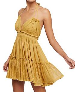 R.Vivimos Damen Sommer Boho Sexy V-Ausschnitt Ärmellos Neckholder Kleid Strandurlaub Kleid(Mittel, Gelb) von R.Vivimos