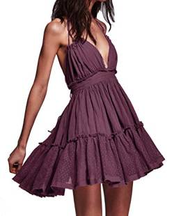 R.Vivimos Damen Sommer Boho Sexy V-Ausschnitt Ärmellos Neckholder Kleid Strandurlaub Kleid(TiefePflaume, Small) von R.Vivimos