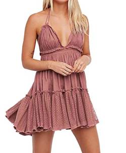 R.Vivimos Damen Sommer Boho Sexy V-Ausschnitt Ärmellos Neckholder Kleid Strandurlaub Kleid(XL, Altrosa) von R.Vivimos