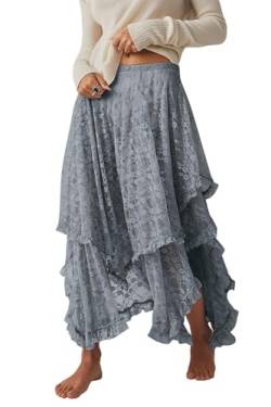 R.Vivimos Damen Sommer Boho Spitze Strand Cover Up Maxi Rock Transparent Swing Rüsche Unregelmäßiger Saum Lange Röcke(L,Grau) von R.Vivimos