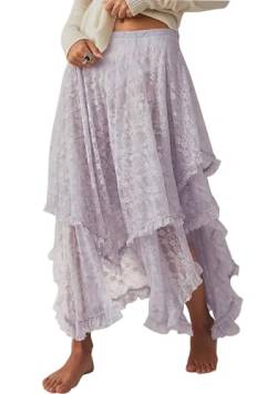 R.Vivimos Damen Sommer Boho Spitze Strand Cover Up Maxi Rock Transparent Swing Rüsche Unregelmäßiger Saum Lange Röcke(M,Lila) von R.Vivimos