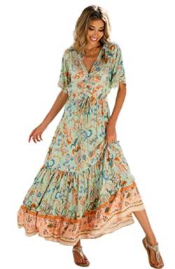 R.Vivimos Damen Sommer Boho V-Ausschnitt Button Up Kurzarm böhmischen Print Rüsche Rand Strand Stil Lange Maxi Kleid Berufungskleid(Medium,Aqua-Blumen) von R.Vivimos