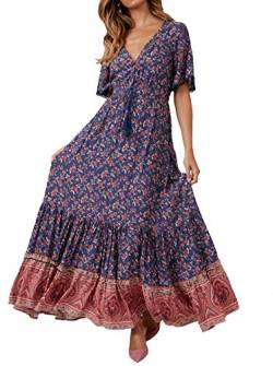 R.Vivimos Damen Sommer Boho V-Ausschnitt Button Up Kurzarm böhmischen Print Rüsche Rand Strand Stil Lange Maxi Kleid Berufungskleid (Dunkelblau, S) von R.Vivimos