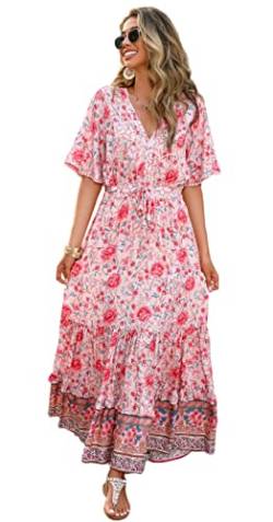 R.Vivimos Damen Sommer Boho V-Ausschnitt Button Up Kurzarm böhmischen Print Rüsche Rand Strand Stil Lange Maxi Kleid Berufungskleid (Large,Rosa-Blumig) von R.Vivimos