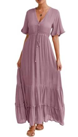 R.Vivimos Damen Sommer Boho V-Ausschnitt Button Up Kurzarm böhmischen Print Rüsche Rand Strand Stil Lange Maxi Kleid Berufungskleid (Mauve, M) von R.Vivimos