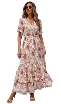 R.Vivimos Damen Sommer Boho V-Ausschnitt Button Up Kurzarm böhmischen Print Rüsche Rand Strand Stil Lange Maxi Kleid Berufungskleid (Weiß Rosa, L) von R.Vivimos