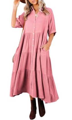 R.Vivimos Damen Sommer Casual Boho Mid-Sleeve Button Slit A-Linie Plissee Midi-Hemdkleid(M,Rosa) von R.Vivimos