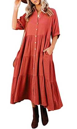 R.Vivimos Damen Sommer Casual Boho Mid-Sleeve Button Slit A-Linie Plissee Midi-Hemdkleid(XLarge,Orange) von R.Vivimos