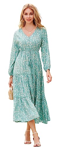 R.Vivimos Damen Sommer Casual Boho V-Ausschnitt Langarm Knopf Schlitz Krawatte Taille Plissee Maxikleid(XL,Grün-Blumen) von R.Vivimos