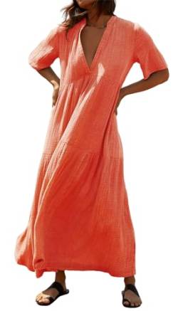 R.Vivimos Damen Sommer Sexy V Ausschnitt Kurzarm Hemdkleid Langes Strandkleid Maxi Freizeitkleid(XL,Korallenorange) von R.Vivimos