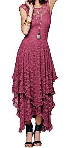 R.Vivimos Damen Sommerkleid ärmelloses unregelmäßiger Rand Lange Maxi-Kleid Party Kleider (Rosered, L) von R.Vivimos