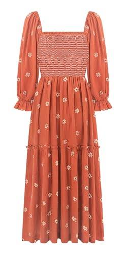 R.Vivimos Damen Square Neck Puffärmel Kleid Boho Blumen Besticktes Kleid Empire Taille A Linie Cottagecore Midikleid Mit Taschen(L,Rostbraun) von R.Vivimos