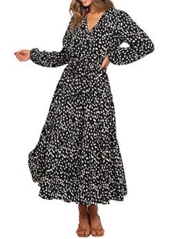 R.Vivimos Damen V-Ausschnitt Langarm Leopard Druck Freizeitkleid A Linie Midi Kleid(XL,Schwarz) von R.Vivimos