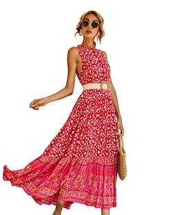 R.Vivimos Damen V-Ausschnitt Langes Maxikleid Ärmelloses Button Up Boho lässiges Strandkleid (XL, Rot) von R.Vivimos