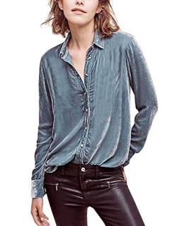 R.Vivimos Herbst Winter Damen Lässig Langarm V Ausschnitt Blusen Button Down Samt Sexy Tops Hemd mit Tasche(L,Hellblau) von R.Vivimos