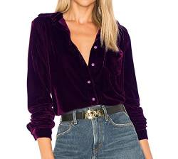 R.Vivimos Herbst Winter Damen Lässig Langarm V Ausschnitt Blusen Button Down Samt Sexy Tops Hemd mit Tasche(L,Lila) von R.Vivimos