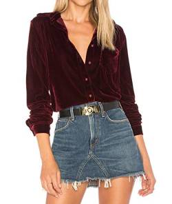 R.Vivimos Herbst Winter Damen Lässig Langarm V Ausschnitt Blusen Button Down Samt Sexy Tops Hemd mit Tasche(L,Weinrot) von R.Vivimos