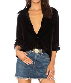 R.Vivimos Herbst Winter Damen Lässig Langarm V Ausschnitt Blusen Button Down Samt Sexy Tops Hemd mit Tasche(M,Schwarz) von R.Vivimos