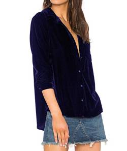 R.Vivimos Herbst Winter Damen Lässig Langarm V Ausschnitt Blusen Button Down Samt Sexy Tops Hemd mit Tasche(S,Navyblau) von R.Vivimos