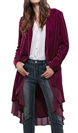 R.Vivimos Herbst Winter Damen Samt Rüschen Freizeitjacke Vintage Lang Mantel Langarm Kragenlos Schwalbenschwanz Blazer(Large,Maulbeere) von R.Vivimos